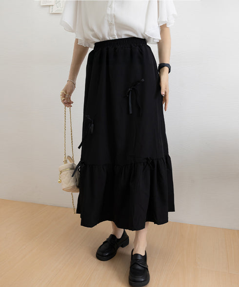 リボンティアードスカート ロングスカート レディース韓国風フレアスカート ハイウエスト 春夏大人可愛いミモレスカート きれいめカジュアル 体型カバースカート着やせ 87CHXN-006