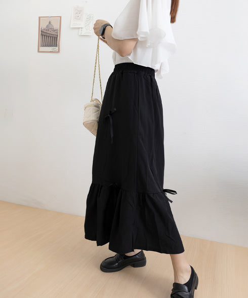 リボンティアードスカート ロングスカート レディース韓国風フレアスカート ハイウエスト 春夏大人可愛いミモレスカート きれいめカジュアル 体型カバースカート着やせ 87CHXN-006