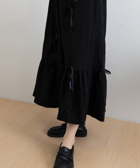 リボンティアードスカート ロングスカート レディース韓国風フレアスカート ハイウエスト 春夏大人可愛いミモレスカート きれいめカジュアル 体型カバースカート着やせ 87CHXN-006