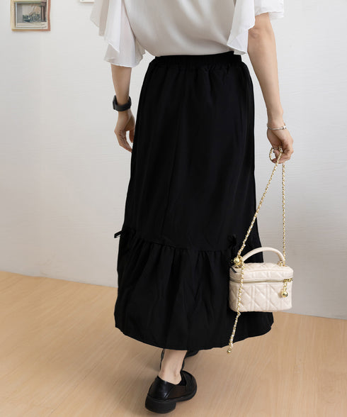 リボンティアードスカート ロングスカート レディース韓国風フレアスカート ハイウエスト 春夏大人可愛いミモレスカート きれいめカジュアル 体型カバースカート着やせ 87CHXN-006