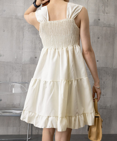 ティアード ミニワンピース ノースリーブ 韓国風 大人可愛いティアードワンピース ウエストマーク Aライン フレアワンピースきれいめ ショートワンピ 旅行 着やせ 87CHXN-007