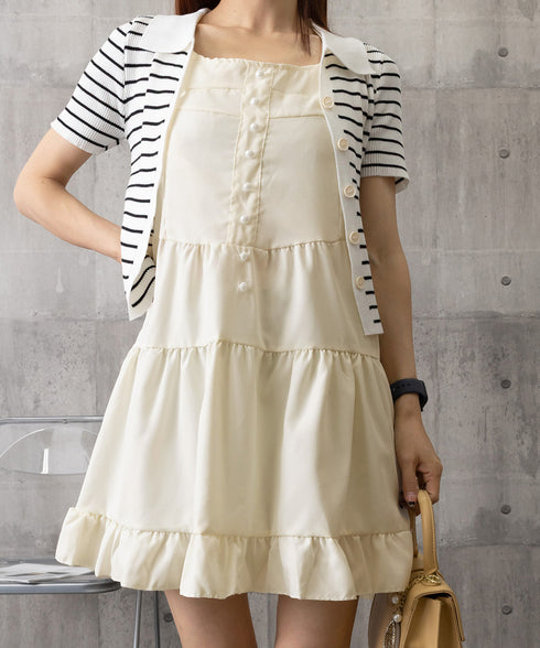 ティアード ミニワンピース ノースリーブ 韓国風 大人可愛いティアードワンピース ウエストマーク Aライン フレアワンピースきれいめ ショートワンピ 旅行 着やせ 87CHXN-007