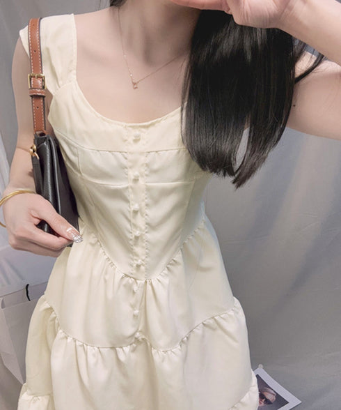 ティアード ミニワンピース ノースリーブ 韓国風 大人可愛いティアードワンピース ウエストマーク Aライン フレアワンピースきれいめ ショートワンピ 旅行 着やせ 87CHXN-007