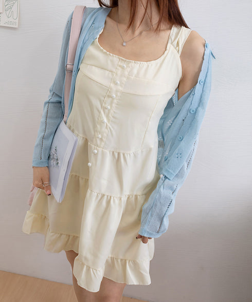 ティアード ミニワンピース ノースリーブ 韓国風 大人可愛いティアードワンピース ウエストマーク Aライン フレアワンピースきれいめ ショートワンピ 旅行 着やせ 87CHXN-007