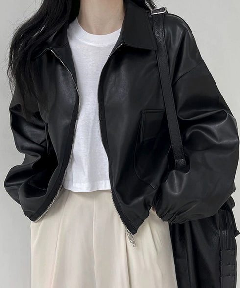 ダブルジップ ライダースジャケット韓国風 合皮革ジャンレディース レトロ フェイクレザージャケット おしゃれスタジャン ライトアウターカジュアルブルゾン ゆったり 87CHXN-010