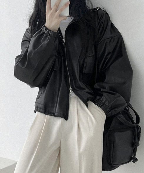 ダブルジップ ライダースジャケット韓国風 合皮革ジャンレディース レトロ フェイクレザージャケット おしゃれスタジャン ライトアウターカジュアルブルゾン ゆったり 87CHXN-010