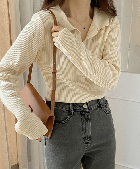 ポロニットトップス秋新作リブニット韓国風 Vネックニットレディース長袖 きれいめニットプルオーバー オフィスカジュアル ニットセーターおしゃれ 着やせタイトニット 87CHXN-011