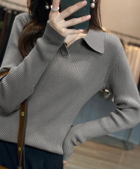 ポロニットトップス秋新作リブニット韓国風 Vネックニットレディース長袖 きれいめニットプルオーバー オフィスカジュアル ニットセーターおしゃれ 着やせタイトニット 87CHXN-011