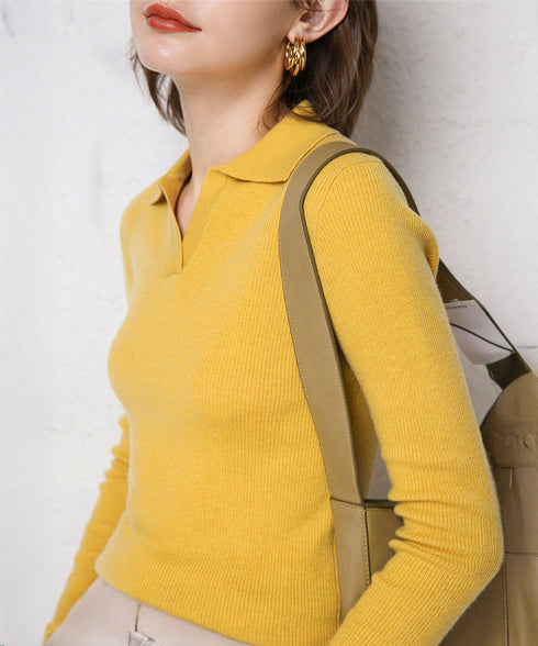 ポロニットトップス秋新作リブニット韓国風 Vネックニットレディース長袖 きれいめニットプルオーバー オフィスカジュアル ニットセーターおしゃれ 着やせタイトニット 87CHXN-011