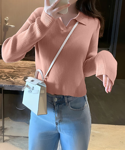 ポロニットトップス秋新作リブニット韓国風 Vネックニットレディース長袖 きれいめニットプルオーバー オフィスカジュアル ニットセーターおしゃれ 着やせタイトニット 87CHXN-011