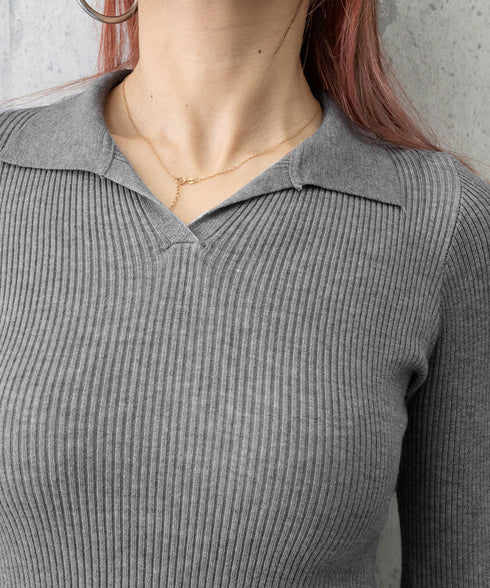 ポロニットトップス秋新作リブニット韓国風 Vネックニットレディース長袖 きれいめニットプルオーバー オフィスカジュアル ニットセーターおしゃれ 着やせタイトニット 87CHXN-011