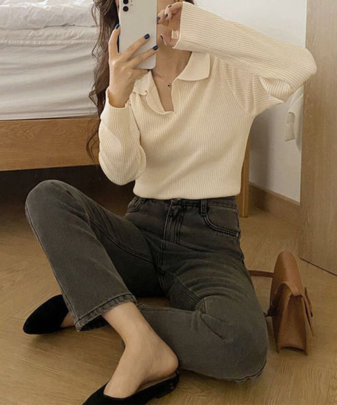 ポロニットトップス秋新作リブニット韓国風 Vネックニットレディース長袖 きれいめニットプルオーバー オフィスカジュアル ニットセーターおしゃれ 着やせタイトニット 87CHXN-011