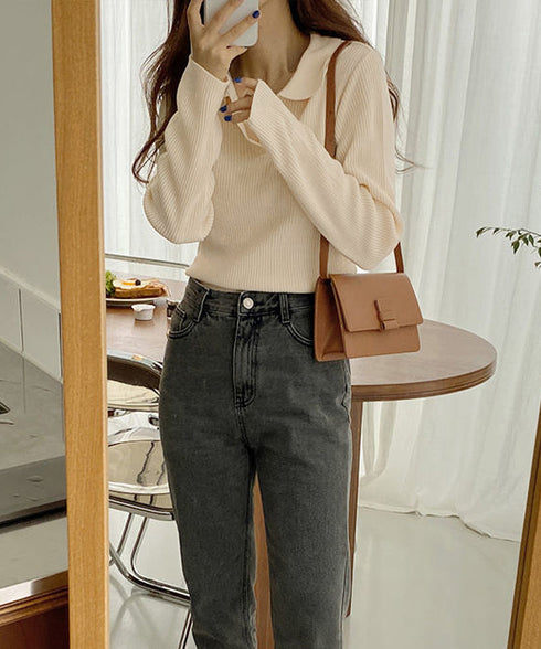 ポロニットトップス秋新作リブニット韓国風 Vネックニットレディース長袖 きれいめニットプルオーバー オフィスカジュアル ニットセーターおしゃれ 着やせタイトニット 87CHXN-011