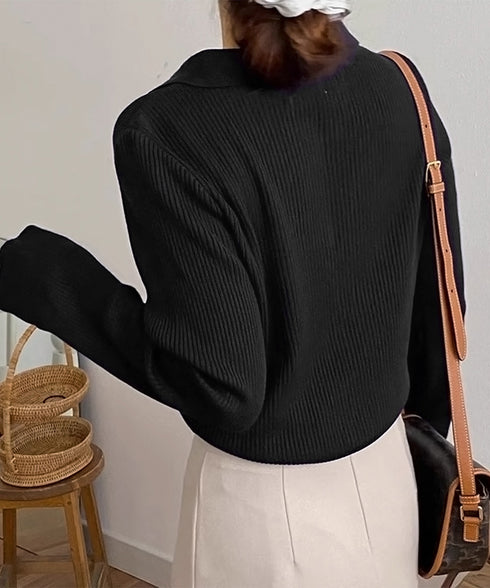 ポロニットトップス秋新作リブニット韓国風 Vネックニットレディース長袖 きれいめニットプルオーバー オフィスカジュアル ニットセーターおしゃれ 着やせタイトニット 87CHXN-011