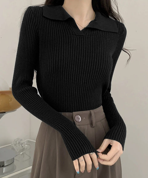 ポロニットトップス秋新作リブニット韓国風 Vネックニットレディース長袖 きれいめニットプルオーバー オフィスカジュアル ニットセーターおしゃれ 着やせタイトニット 87CHXN-011