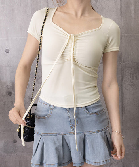 フロントリボンTシャツ ギャザートップス ペンタゴンネックtシャツ半袖 レディース ドロストトップス 着やせタイトtシャツ細見えトップス夏 お洒落カットソー韓国風 87CHXN-013
