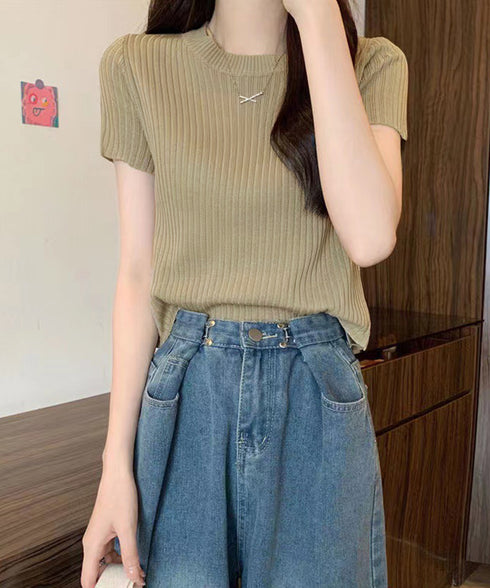 リブニットトップスサマーニット半袖春夏服 クルーネックニット レディース きれいめトップス ラウンドネックニットTシャツ 無地シンプル カジュアルニットカットソー 87CHXN-015