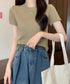 リブニットトップスサマーニット半袖春夏服 クルーネックニット レディース きれいめトップス ラウンドネックニットTシャツ 無地シンプル カジュアルニットカットソー 87CHXN-015