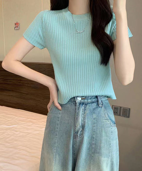 リブニットトップスサマーニット半袖春夏服 クルーネックニット レディース きれいめトップス ラウンドネックニットTシャツ 無地シンプル カジュアルニットカットソー 87CHXN-015