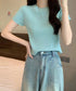 リブニットトップスサマーニット半袖春夏服 クルーネックニット レディース きれいめトップス ラウンドネックニットTシャツ 無地シンプル カジュアルニットカットソー 87CHXN-015