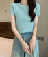 リブニットトップスサマーニット半袖春夏服 クルーネックニット レディース きれいめトップス ラウンドネックニットTシャツ 無地シンプル カジュアルニットカットソー 87CHXN-015