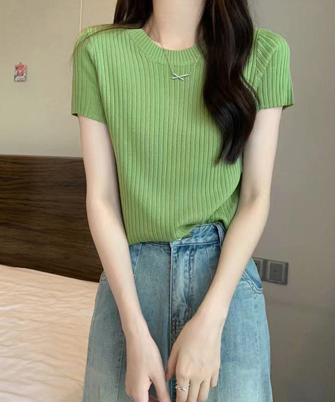 リブニットトップスサマーニット半袖春夏服 クルーネックニット レディース きれいめトップス ラウンドネックニットTシャツ 無地シンプル カジュアルニットカットソー 87CHXN-015