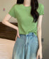 リブニットトップスサマーニット半袖春夏服 クルーネックニット レディース きれいめトップス ラウンドネックニットTシャツ 無地シンプル カジュアルニットカットソー 87CHXN-015