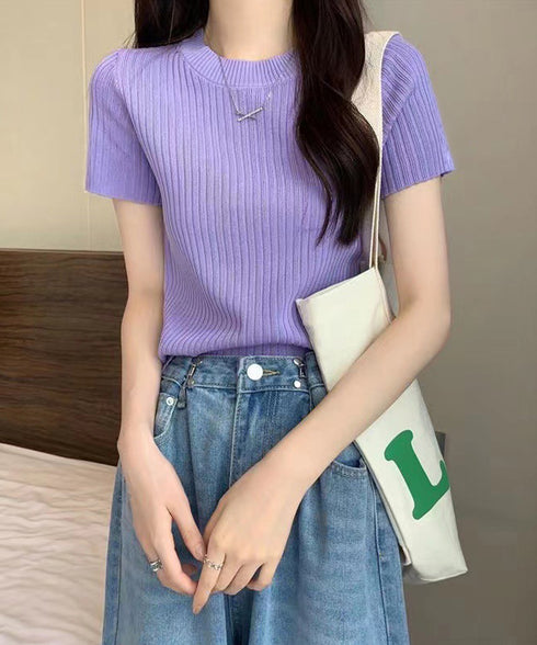 リブニットトップスサマーニット半袖春夏服 クルーネックニット レディース きれいめトップス ラウンドネックニットTシャツ 無地シンプル カジュアルニットカットソー 87CHXN-015