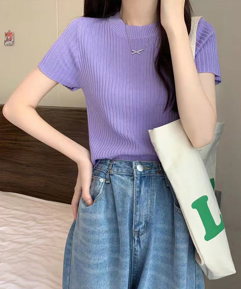 リブニットトップスサマーニット半袖春夏服 クルーネックニット レディース きれいめトップス ラウンドネックニットTシャツ 無地シンプル カジュアルニットカットソー 87CHXN-015