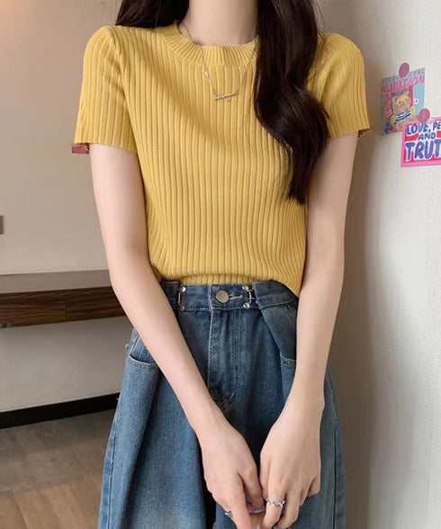 リブニットトップスサマーニット半袖春夏服 クルーネックニット レディース きれいめトップス ラウンドネックニットTシャツ 無地シンプル カジュアルニットカットソー 87CHXN-015