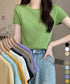 リブニットトップスサマーニット半袖春夏服 クルーネックニット レディース きれいめトップス ラウンドネックニットTシャツ 無地シンプル カジュアルニットカットソー 87CHXN-015