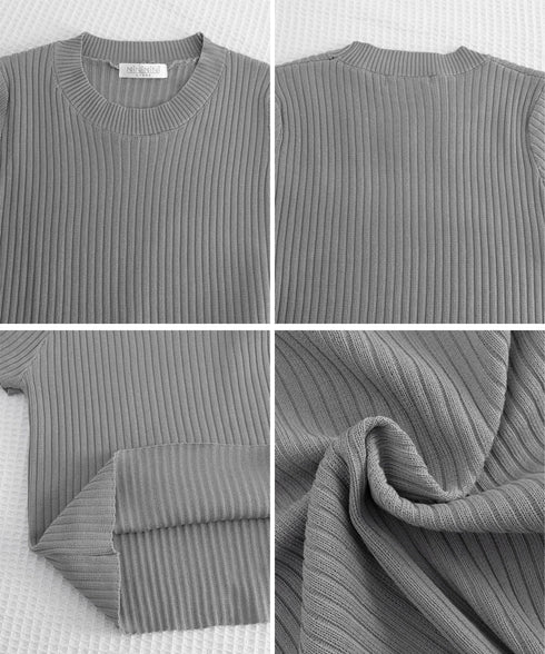 リブニットトップスサマーニット半袖春夏服 クルーネックニット レディース きれいめトップス ラウンドネックニットTシャツ 無地シンプル カジュアルニットカットソー 87CHXN-015