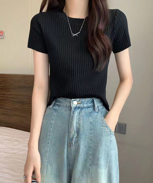 リブニットトップスサマーニット半袖春夏服 クルーネックニット レディース きれいめトップス ラウンドネックニットTシャツ 無地シンプル カジュアルニットカットソー 87CHXN-015
