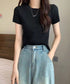 リブニットトップスサマーニット半袖春夏服 クルーネックニット レディース きれいめトップス ラウンドネックニットTシャツ 無地シンプル カジュアルニットカットソー 87CHXN-015