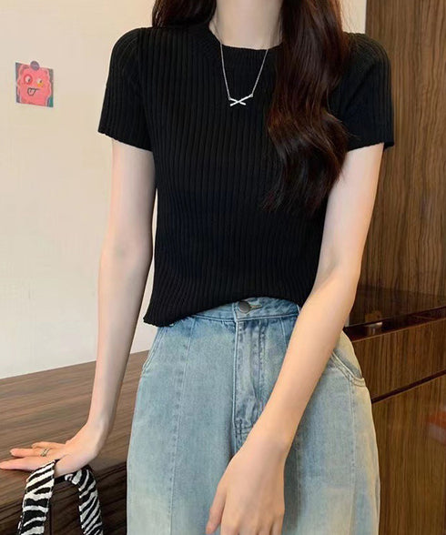 リブニットトップスサマーニット半袖春夏服 クルーネックニット レディース きれいめトップス ラウンドネックニットTシャツ 無地シンプル カジュアルニットカットソー 87CHXN-015