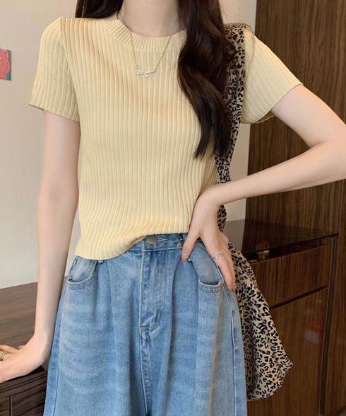 リブニットトップスサマーニット半袖春夏服 クルーネックニット レディース きれいめトップス ラウンドネックニットTシャツ 無地シンプル カジュアルニットカットソー 87CHXN-015