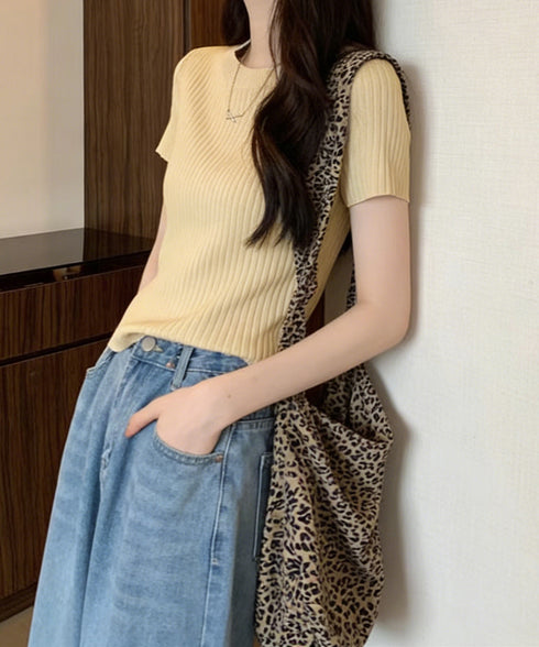 リブニットトップスサマーニット半袖春夏服 クルーネックニット レディース きれいめトップス ラウンドネックニットTシャツ 無地シンプル カジュアルニットカットソー 87CHXN-015