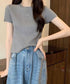 リブニットトップスサマーニット半袖春夏服 クルーネックニット レディース きれいめトップス ラウンドネックニットTシャツ 無地シンプル カジュアルニットカットソー 87CHXN-015