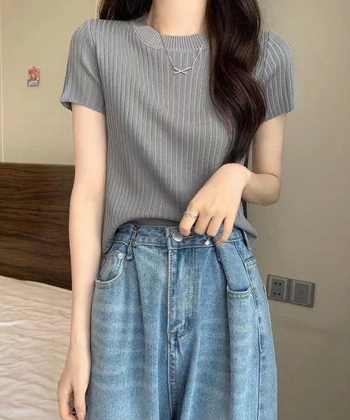 リブニットトップスサマーニット半袖春夏服 クルーネックニット レディース きれいめトップス ラウンドネックニットTシャツ 無地シンプル カジュアルニットカットソー 87CHXN-015