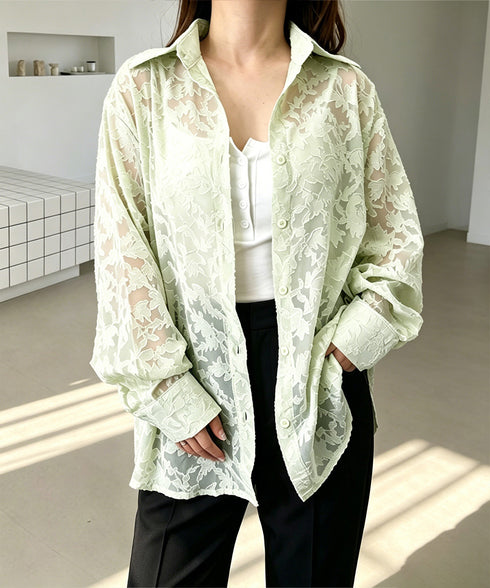 レースブラウス レディースシアーシャツ夏 花柄ジャガードフラワー 透け感トップス 長袖羽織り ゆったり夏カーディガン薄手 冷房対策 韓国ファッション 大人かわいい 87CHXN-017
