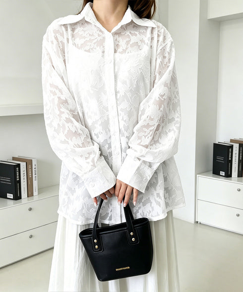 レースブラウス レディースシアーシャツ夏 花柄ジャガードフラワー 透け感トップス 長袖羽織り ゆったり夏カーディガン薄手 冷房対策 韓国ファッション 大人かわいい 87CHXN-017