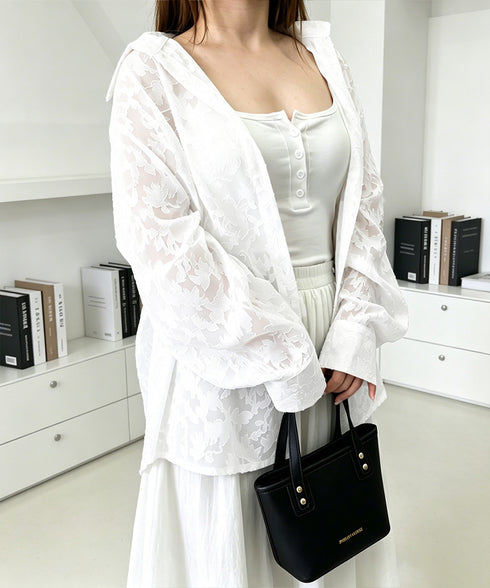 レースブラウス レディースシアーシャツ夏 花柄ジャガードフラワー 透け感トップス 長袖羽織り ゆったり夏カーディガン薄手 冷房対策 韓国ファッション 大人かわいい 87CHXN-017