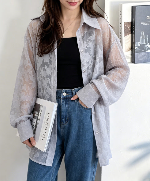 レースブラウス レディースシアーシャツ夏 花柄ジャガードフラワー 透け感トップス 長袖羽織り ゆったり夏カーディガン薄手 冷房対策 韓国ファッション 大人かわいい 87CHXN-017