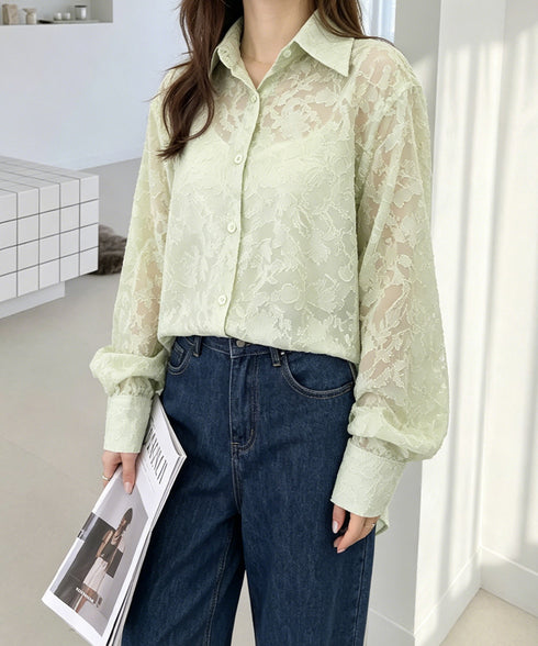 レースブラウス レディースシアーシャツ夏 花柄ジャガードフラワー 透け感トップス 長袖羽織り ゆったり夏カーディガン薄手 冷房対策 韓国ファッション 大人かわいい 87CHXN-017