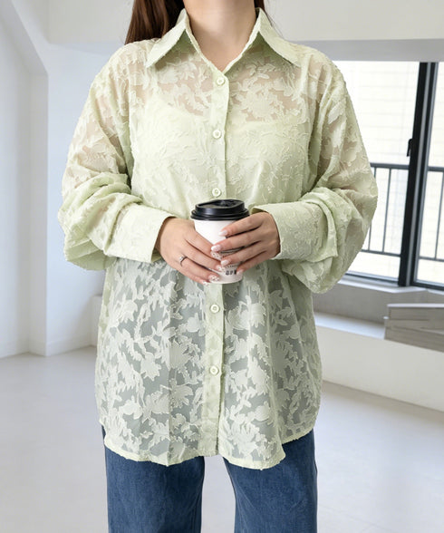 レースブラウス レディースシアーシャツ夏 花柄ジャガードフラワー 透け感トップス 長袖羽織り ゆったり夏カーディガン薄手 冷房対策 韓国ファッション 大人かわいい 87CHXN-017