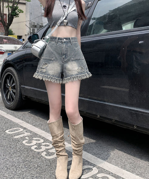 裾フリンジダメージデニムショートパンツ夏 クラッシュデニムレディース ウォッシュ加工ジーンズ ハイウエスト 裾広がりジーパン美脚脚長デニムキュロットパンツ 短パン 87CHXN-018