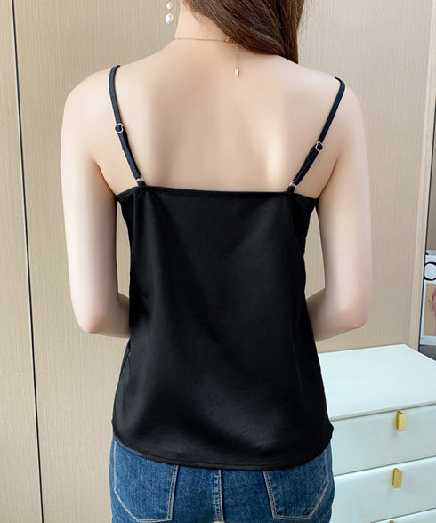レースキャミソール タンクトップインナー 大人フェミニンレースインナーレディース ノースリーブトップスきれいめ夏服 韓国風Vネックキャミサテン調 重ね着風トップス 87DAIERQI-001