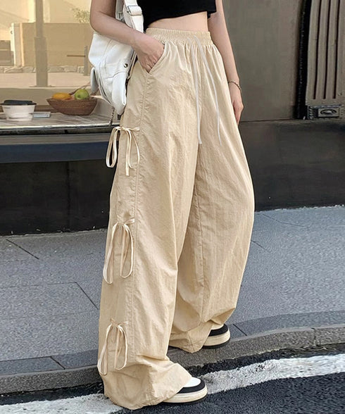 カーゴパンツ サイドリボン ワイドパンツ レディース ウエストゴムストレートパンツ カジュアル ゆったりロングパンツ 体型カバーボトムス 春夏イージーパンツ韓国風 87DKFSH-004