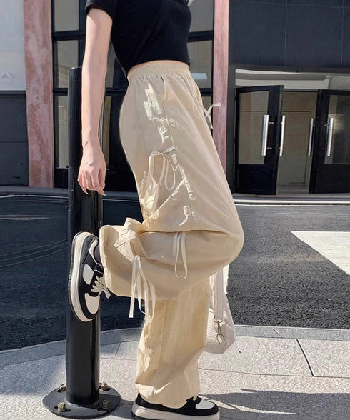 カーゴパンツ サイドリボン ワイドパンツ レディース ウエストゴムストレートパンツ カジュアル ゆったりロングパンツ 体型カバーボトムス 春夏イージーパンツ韓国風 87DKFSH-004