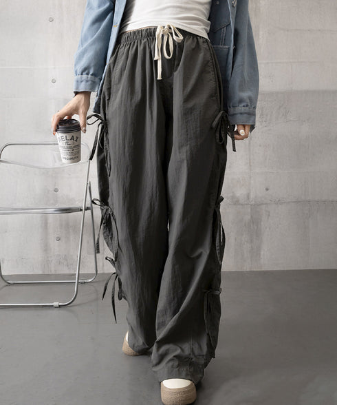カーゴパンツ サイドリボン ワイドパンツ レディース ウエストゴムストレートパンツ カジュアル ゆったりロングパンツ 体型カバーボトムス 春夏イージーパンツ韓国風 87DKFSH-004
